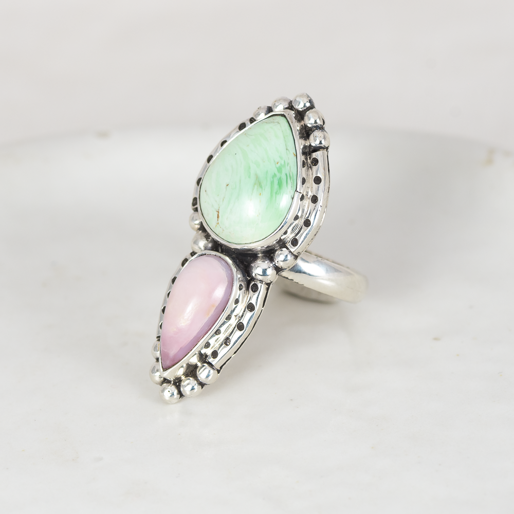 Inner Vision Ring (A) ◇ Green Variscite + Pink Opal ◇ Size 6.75