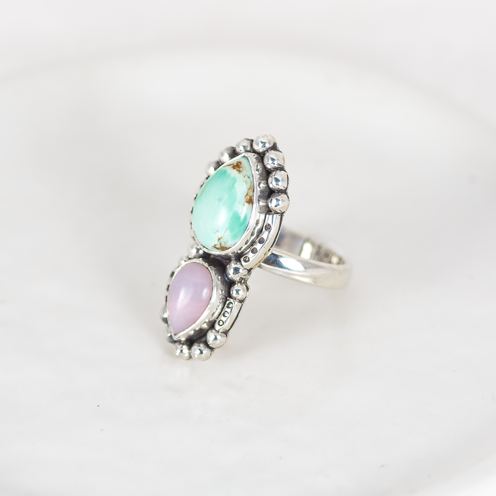 Petite Inner Vision Ring (B) ◇ Green Variscite + Pink Opal ◇ Size 8