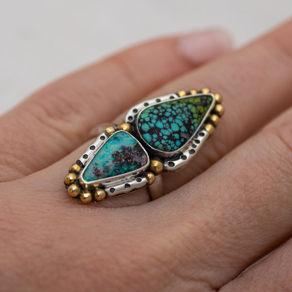 Inner Vision Ring (A) ◇ Hubei Turquoise + Australian Opal ◇ Size 7