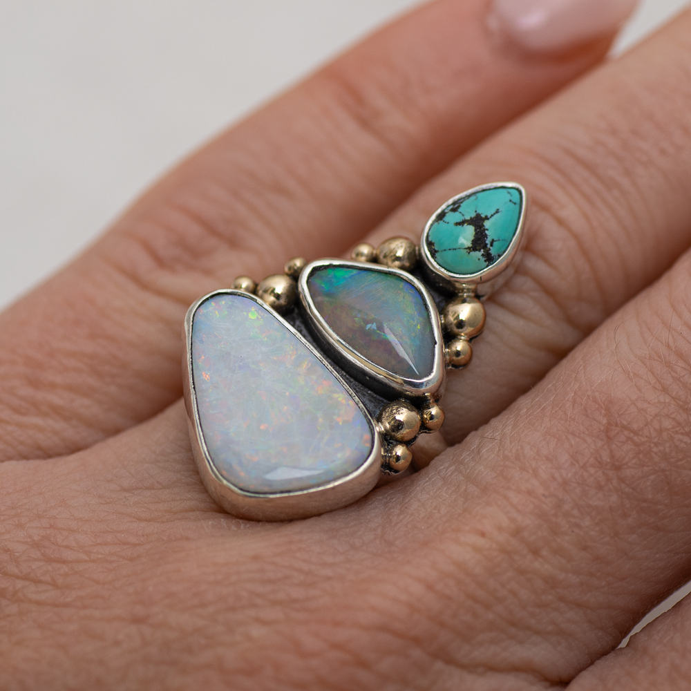 Triad Ring ◇ Kingman Turquoise + Australian Opal ◇ Size 7.5 ◇ Silver + 14k Gold
