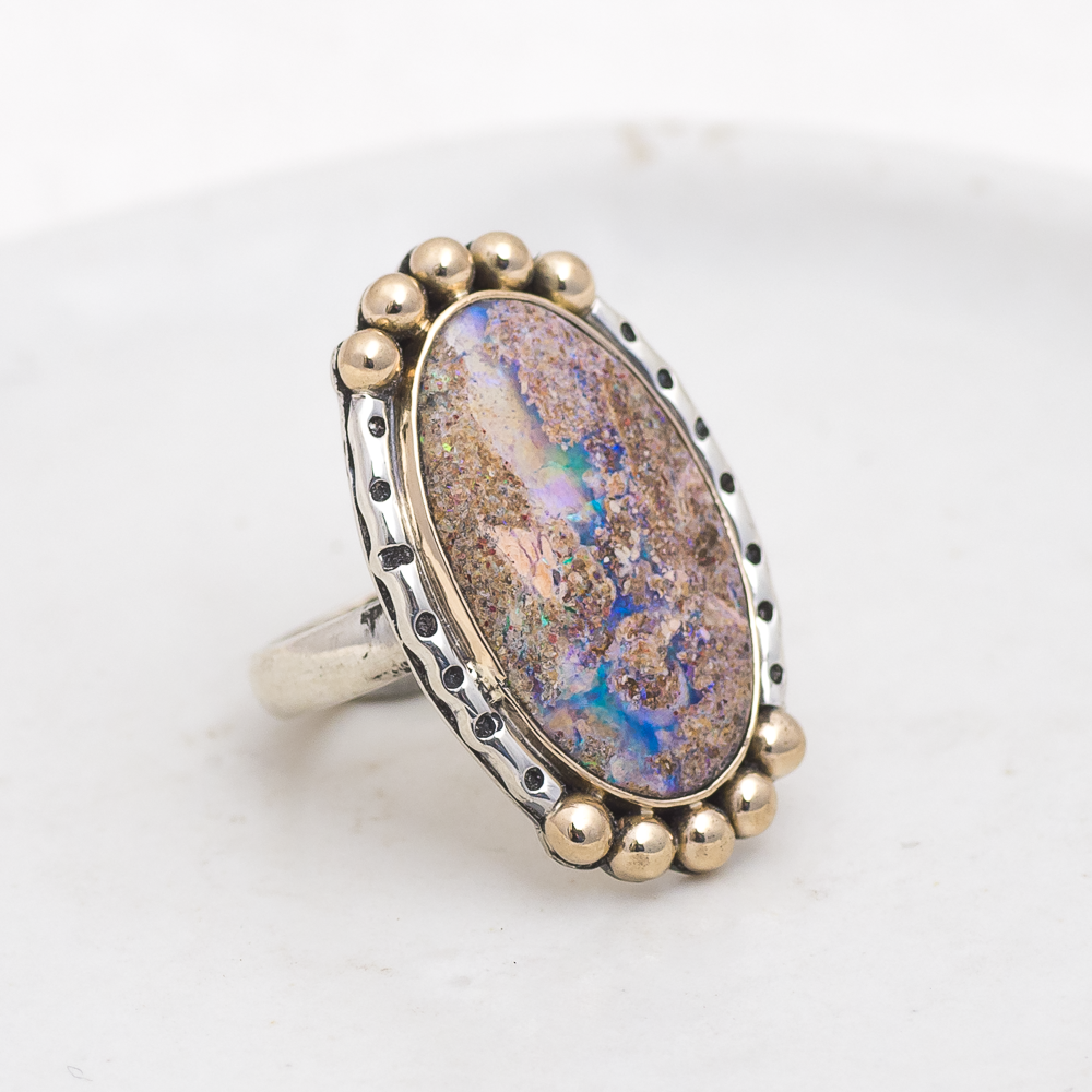 Wanderer Ring (A) ◇ Australian Opal ◇ Size 7 ◇ Silver + 14k Gold