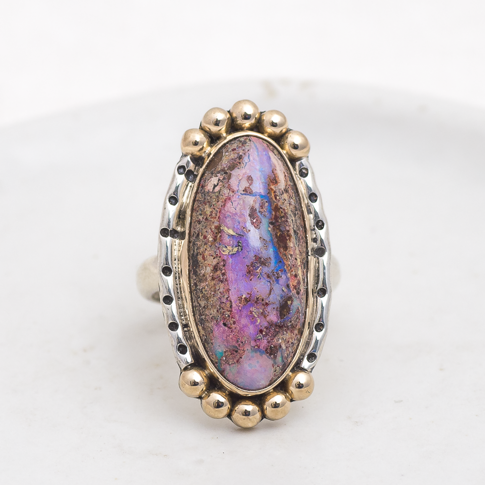 Wanderer Ring (B) ◇ Australian Opal ◇ Size 7.5 ◇ Silver + 14k Gold