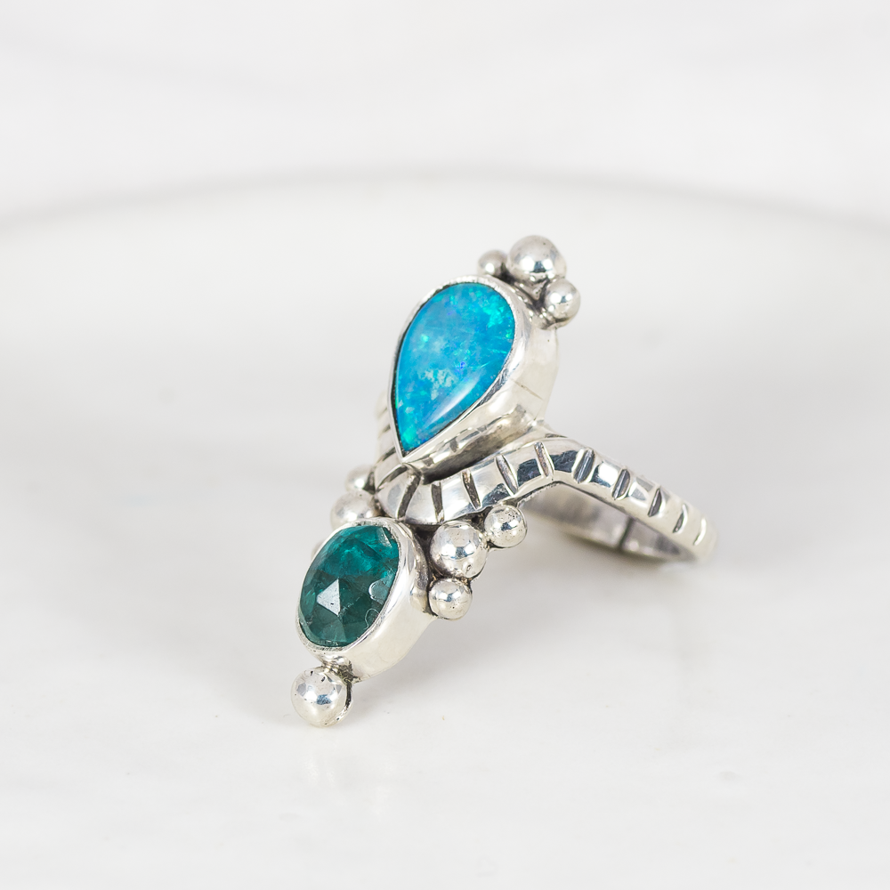 Kindred Embrace Ring (A) ◇ Australian Opal + Faceted Blue Apatite ◇ Size 6