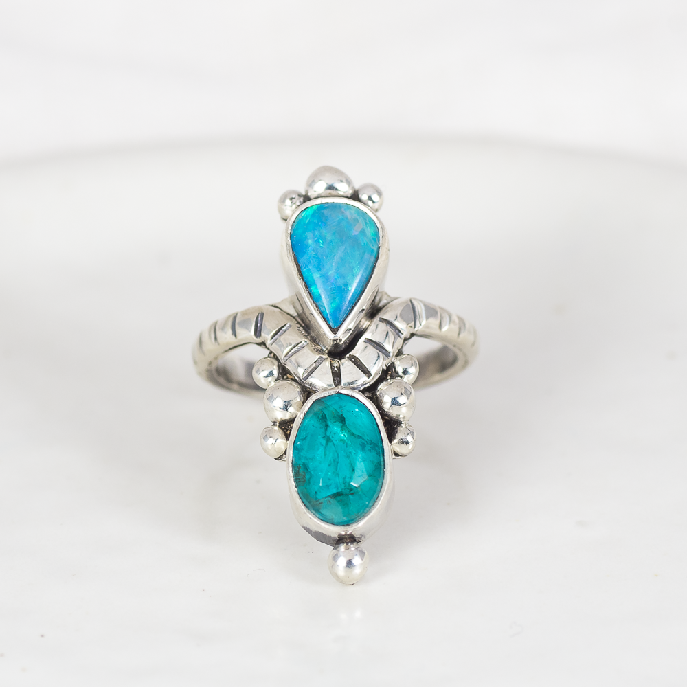 Kindred Embrace Ring (B) ◇ Australian Opal + Faceted Blue Apatite ◇ Size 6.5