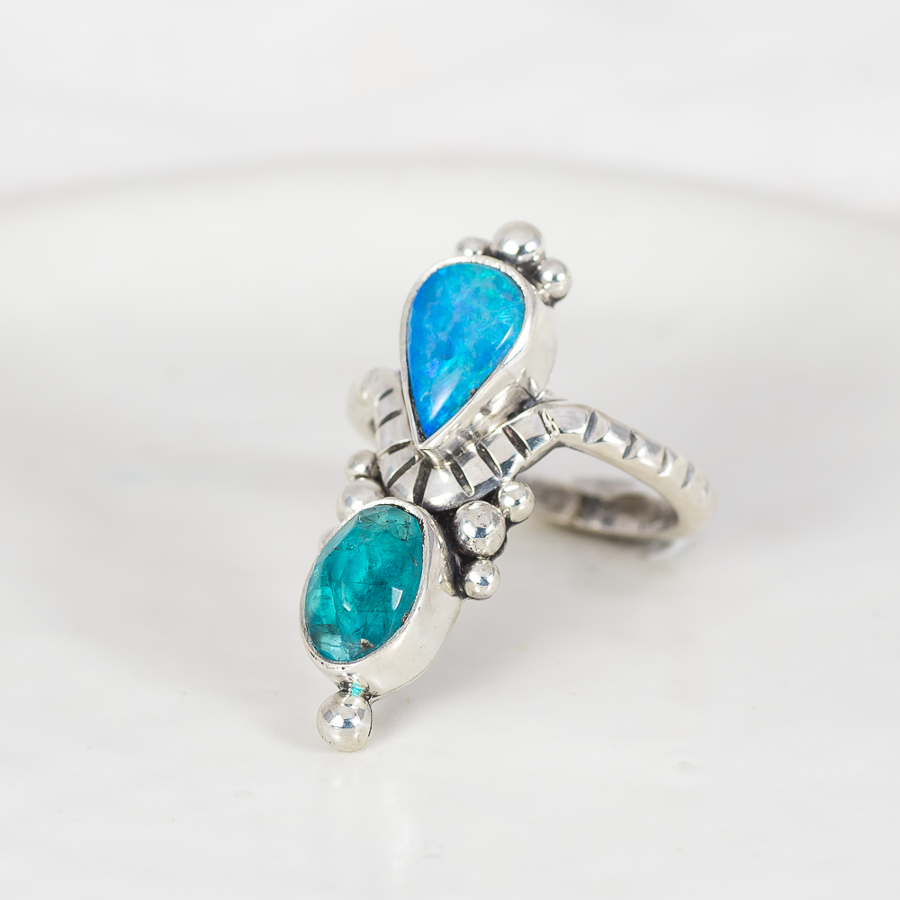 Kindred Embrace Ring (D) ◇ Australian Opal + Faceted Blue Apatite ◇ Size 7