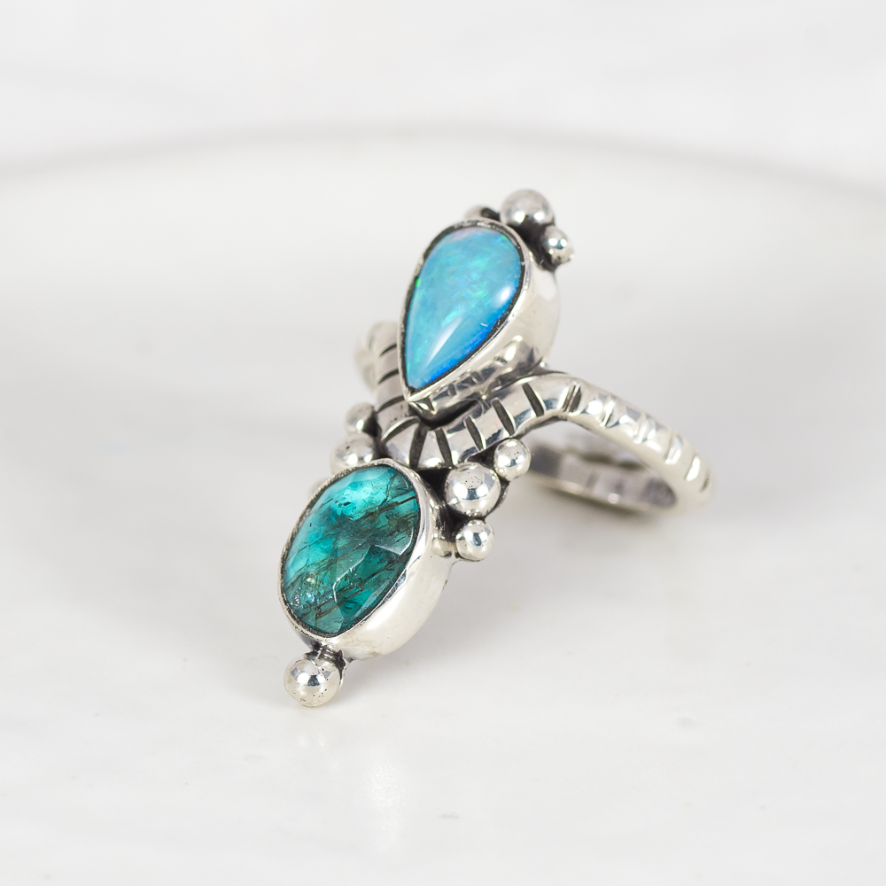 Kindred Embrace Ring (E) ◇ Australian Opal + Faceted Blue Apatite ◇ Size 7.5