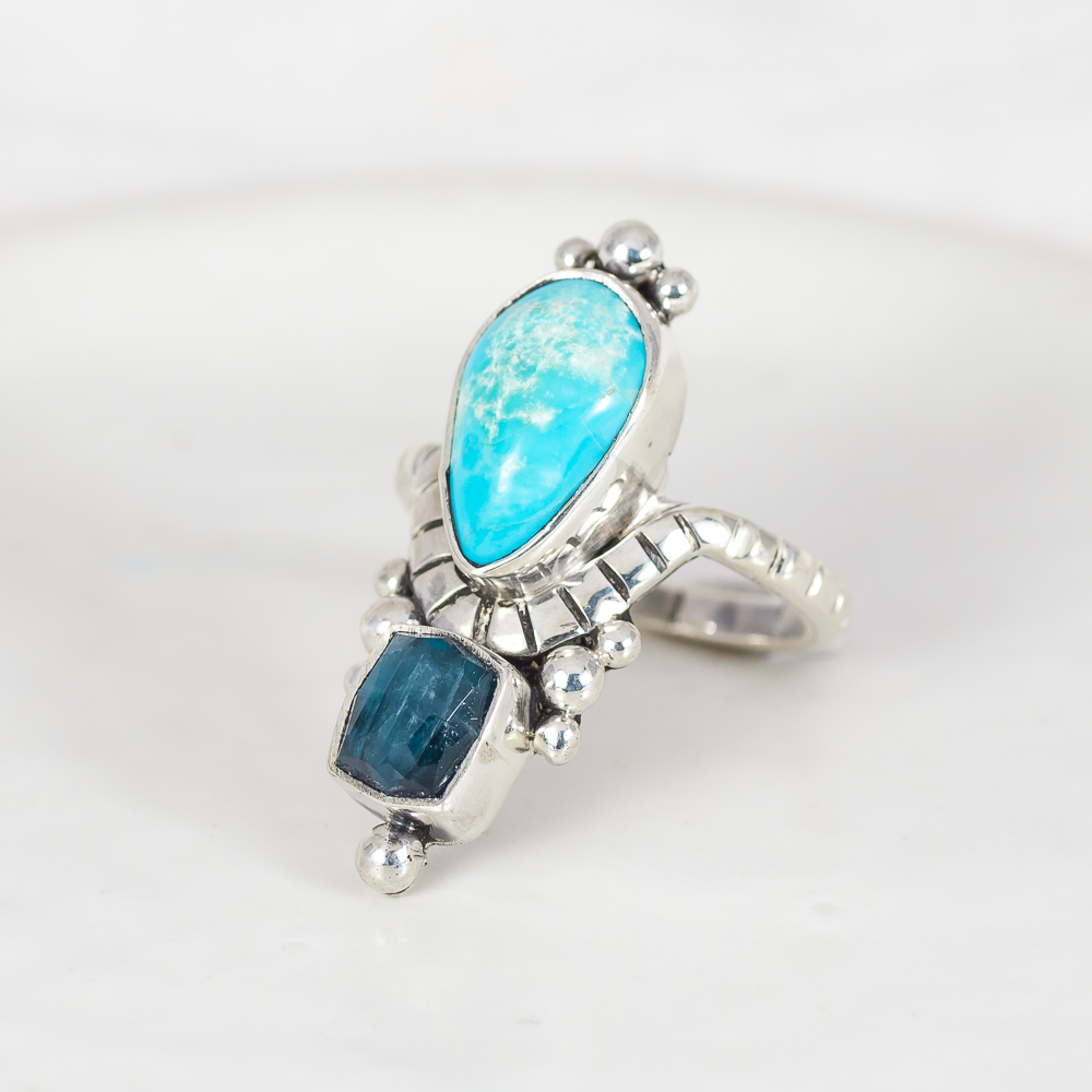 Kindred Embrace Ring (F) ◇ Nevada Turquoise + Faceted Tourmaline ◇ Size 7.5