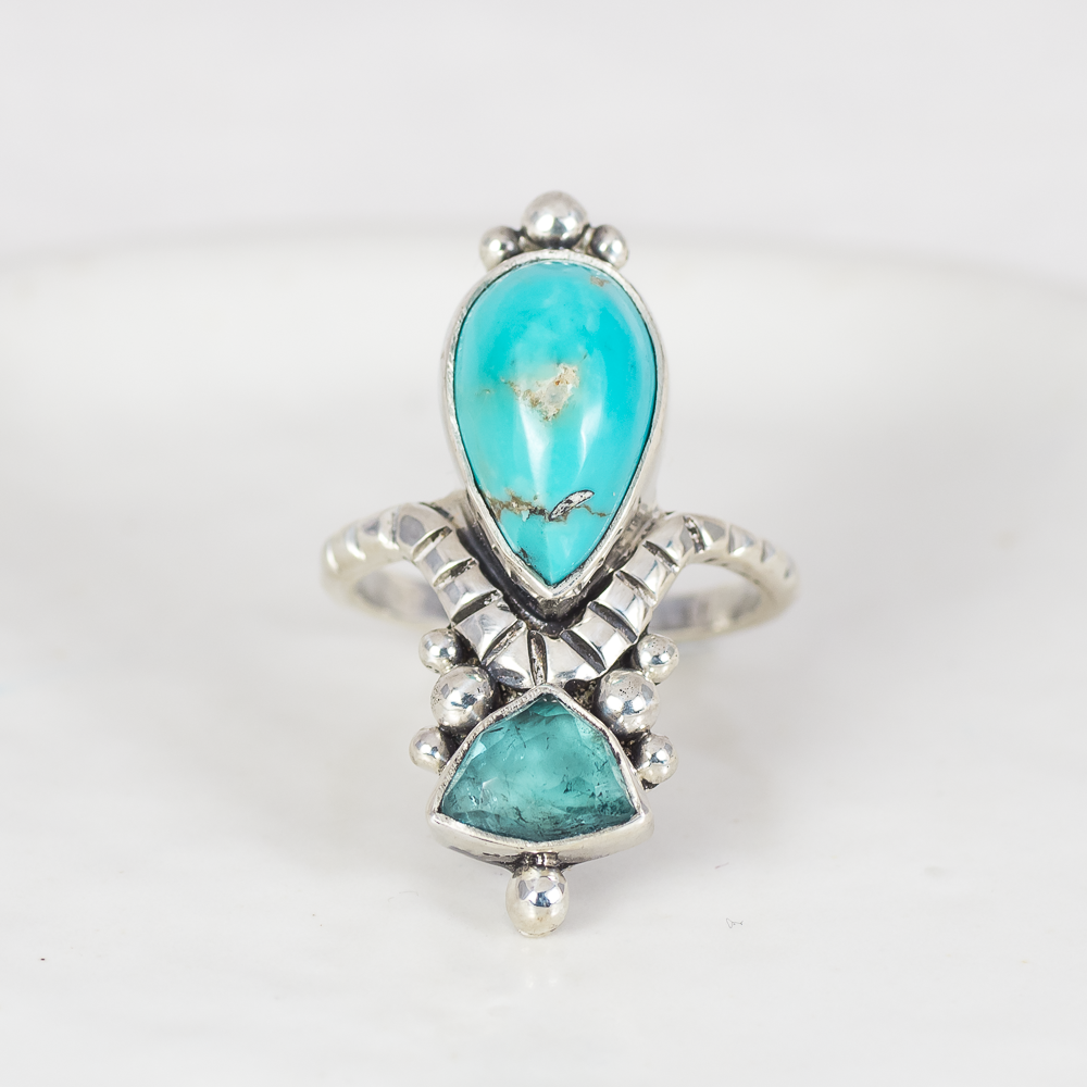 Kindred Embrace Ring (G) ◇ Nevada Turquoise + Faceted Tourmaline ◇ Size 8
