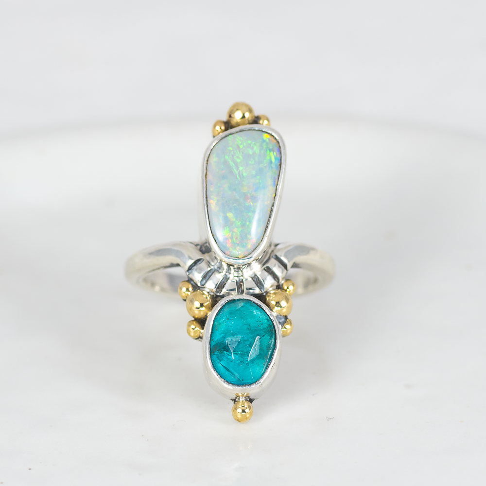Kindred Embrace Ring (C) ◇ Australian Opal + Faceted Blue Apatite ◇ Size 7