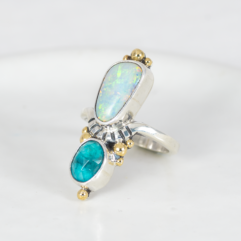 Kindred Embrace Ring (C) ◇ Australian Opal + Faceted Blue Apatite ◇ Size 7