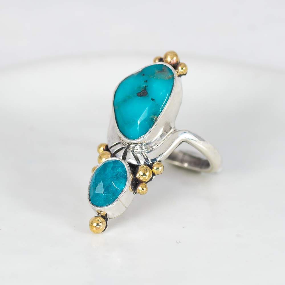 Kindred Embrace Ring (D) ◇ Faceted Turquoise + Faceted Blue Apatite ◇ Size 7.5