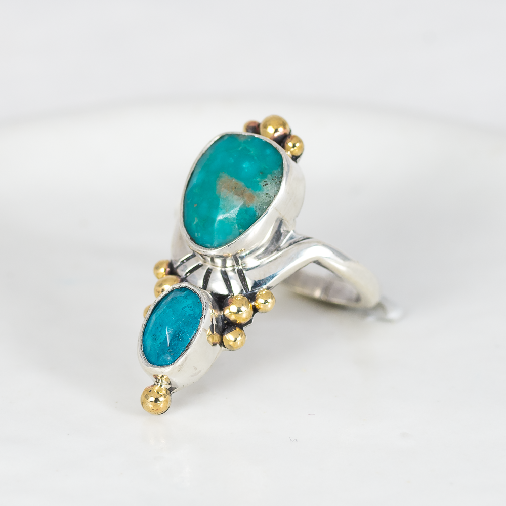 Kindred Embrace Ring (F) ◇ Faceted Turquoise + Faceted Blue Apatite ◇ Size 8