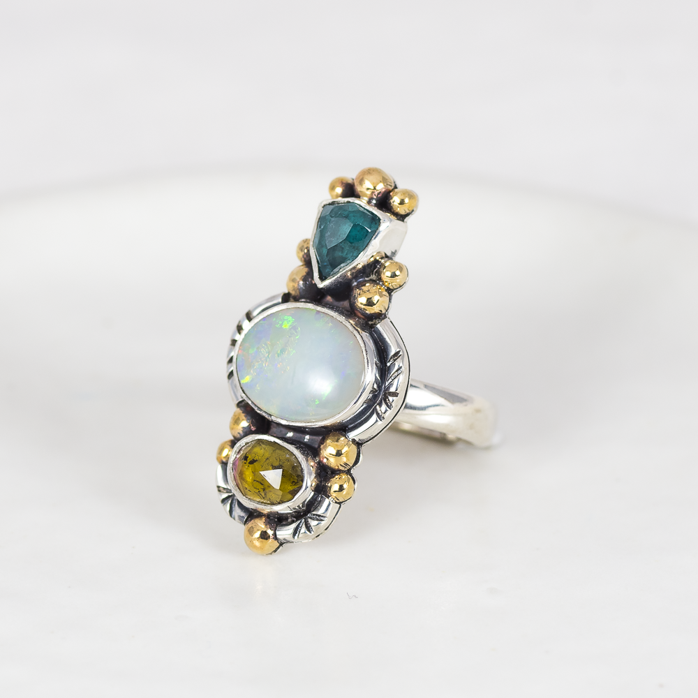 Trine Ring (B) ◇ Faceted Tourmaline + Australian Opal + Faceted Tourmaline ◇ Size 6.5