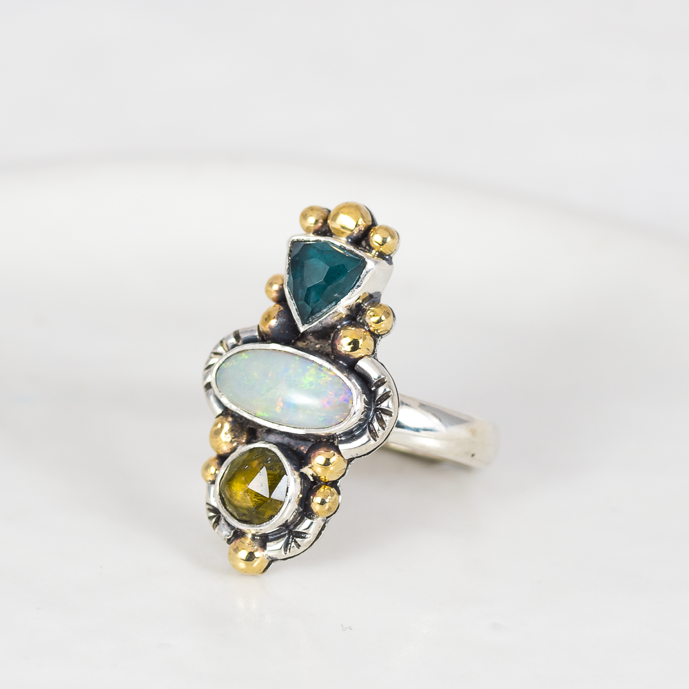 Trine Ring (C) ◇ Faceted Tourmaline + Australian Opal + Faceted Tourmaline ◇ Size 7