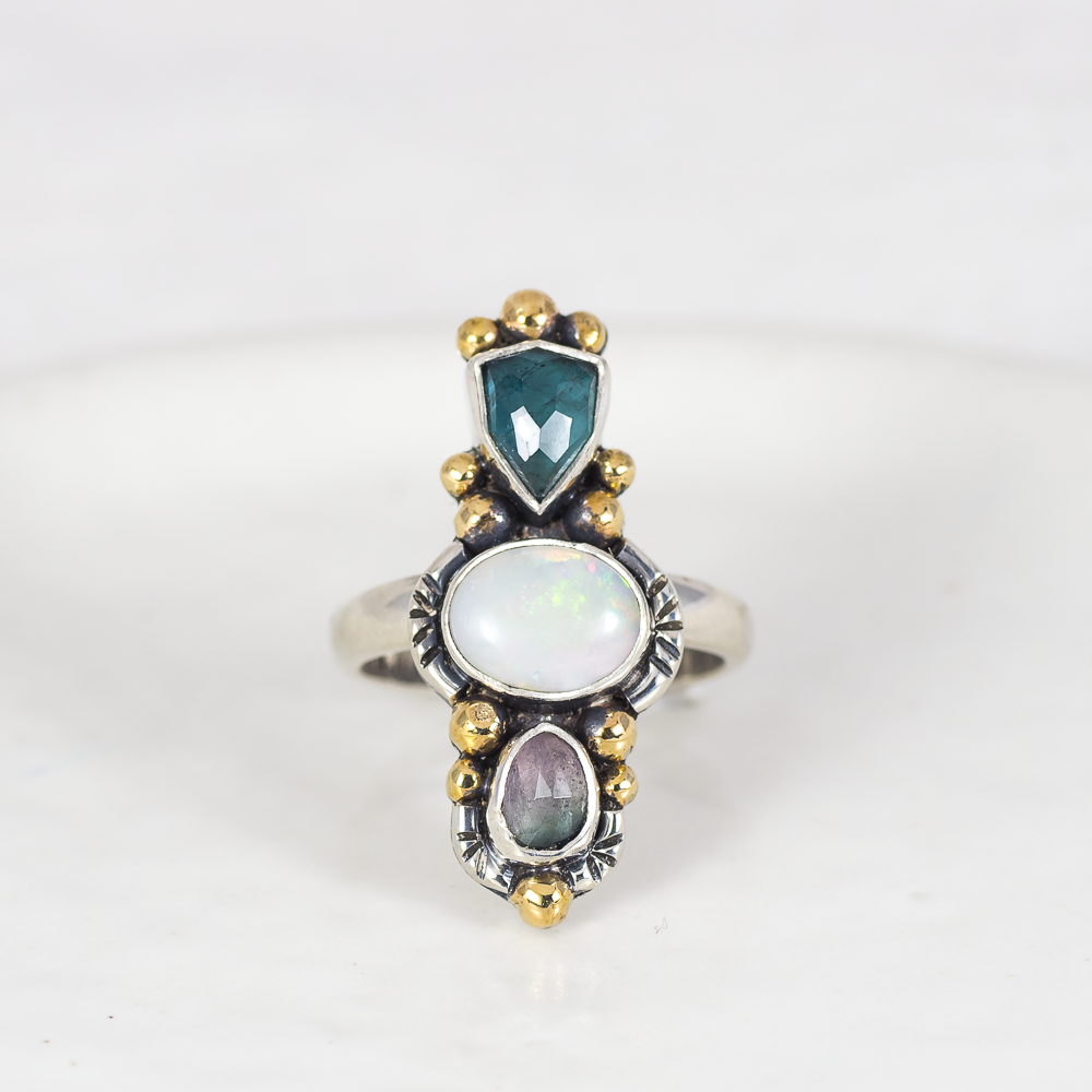 Trine Ring (D) ◇ Faceted Tourmaline + Australian Opal + Faceted Tourmaline ◇ Size 7.5