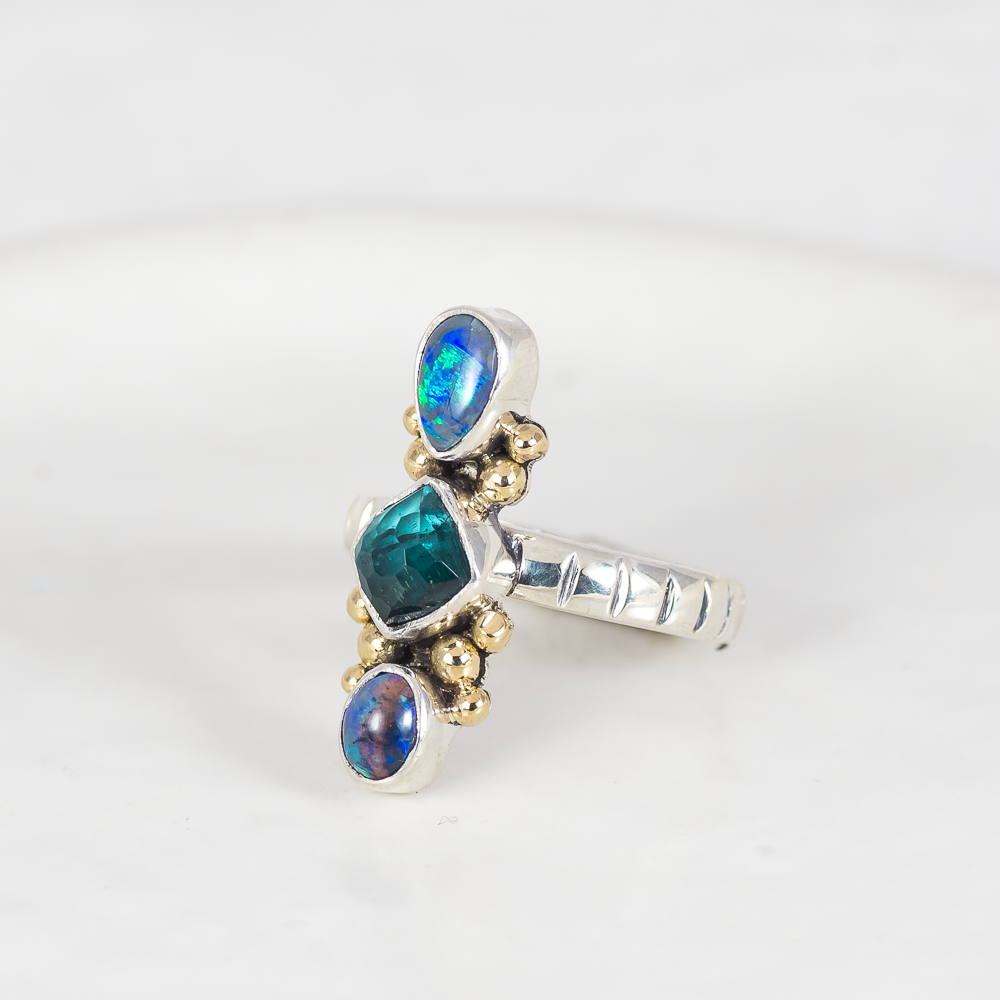 Triad Ring (B) ◇ Australian Opal + Faceted Tourmaline + Australian Opal ◇ Size 6.5 (Silver + 14k Gold)