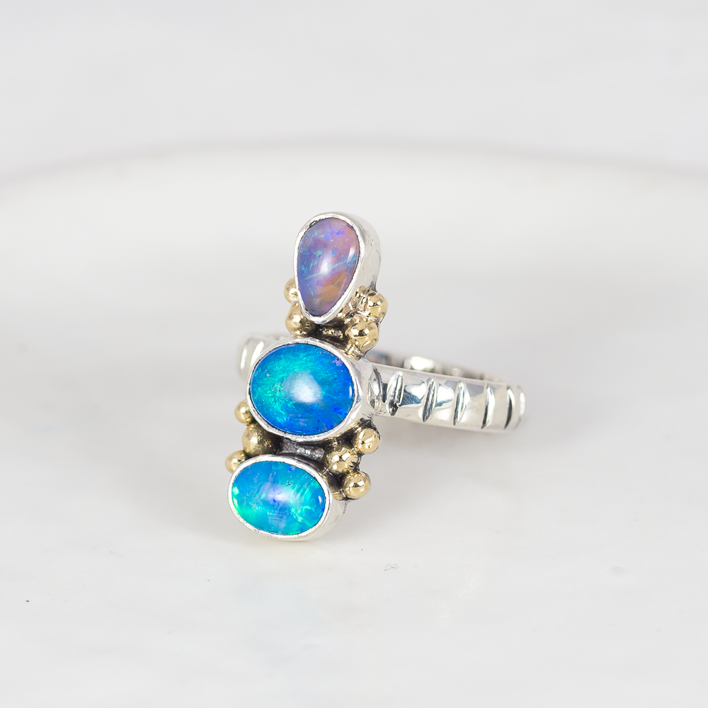 Triad Ring (C) ◇ Australian Opal ◇ Size 7 (Silver + 14k Gold)
