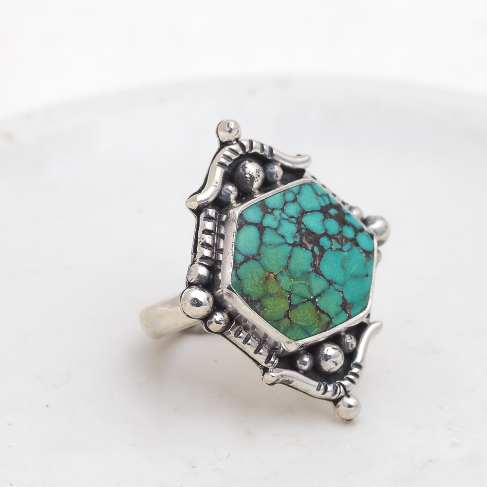 Hexagonal Dunes Ring (A) ◇ Hubei Turquoise ◇ Size 6.5