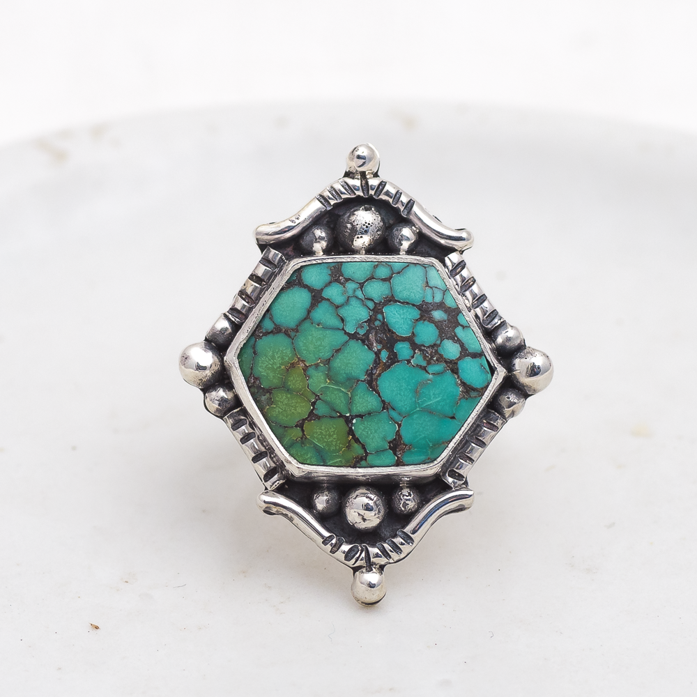 Hexagonal Dunes Ring (A) ◇ Hubei Turquoise ◇ Size 6.5