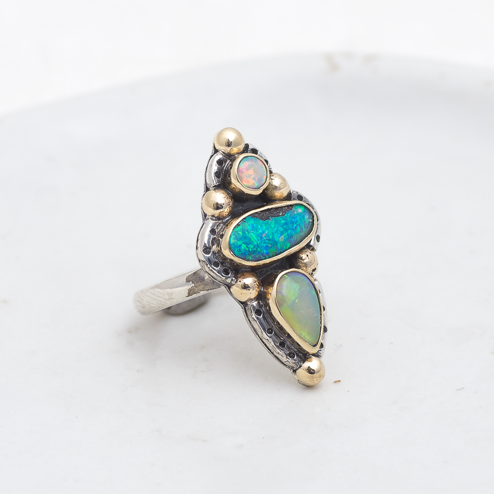 Realms Ring (A) ◇ Australian Opal ◇ Size 5.5 ◇ Silver + 14k Gold