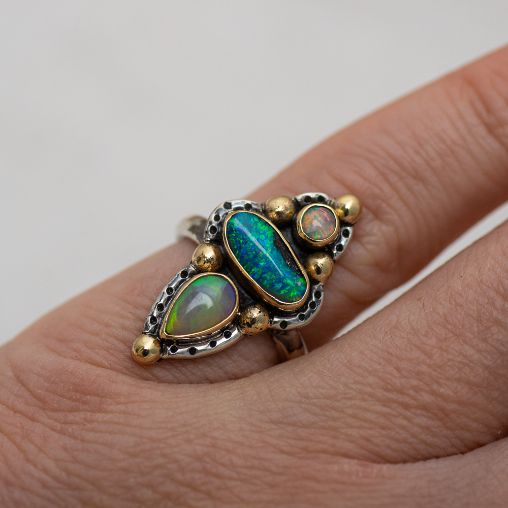 Realms Ring (A) ◇ Australian Opal ◇ Size 5.5 ◇ Silver + 14k Gold
