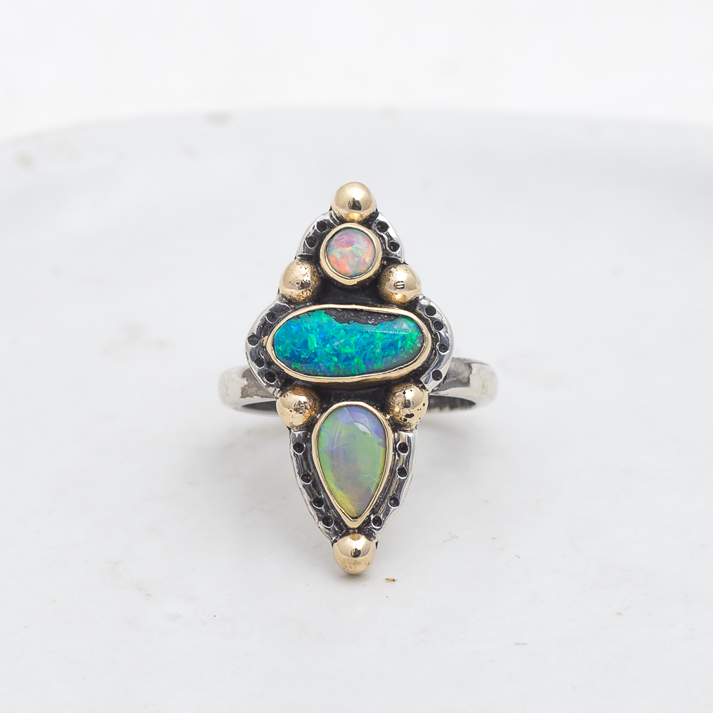 Realms Ring (A) ◇ Australian Opal ◇ Size 5.5 ◇ Silver + 14k Gold
