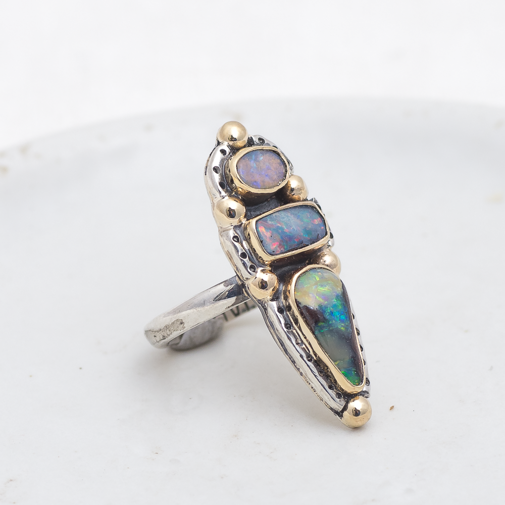 Realms Ring (B) ◇ Australian Opal ◇ Size 6 ◇ Silver + 14k Gold