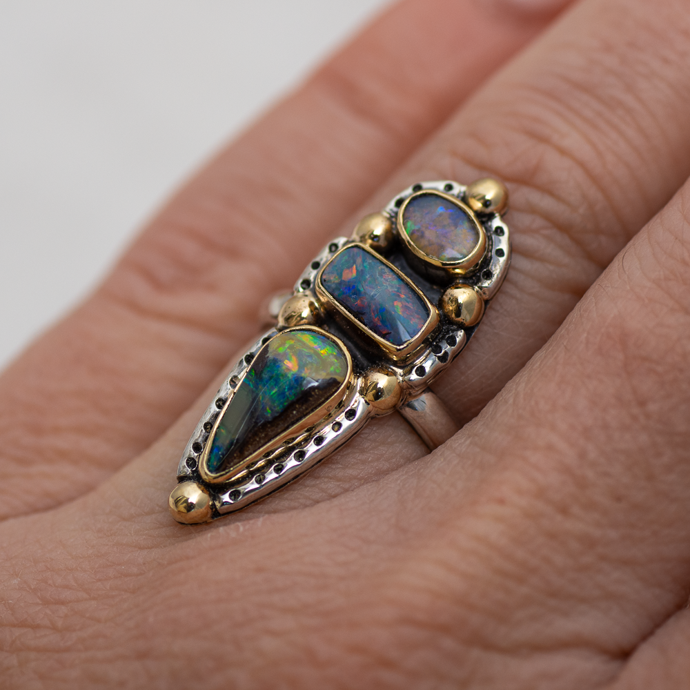 Realms Ring (B) ◇ Australian Opal ◇ Size 6 ◇ Silver + 14k Gold
