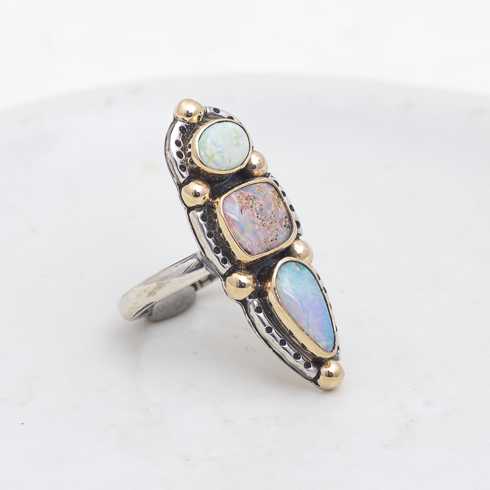 Realms Ring (C) ◇ Australian Opal ◇ Size 6.5 ◇ Silver + 14k Gold
