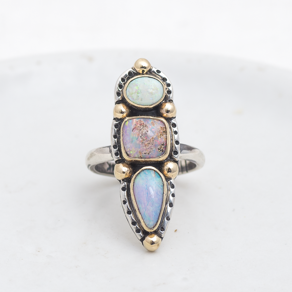 Realms Ring (C) ◇ Australian Opal ◇ Size 6.5 ◇ Silver + 14k Gold