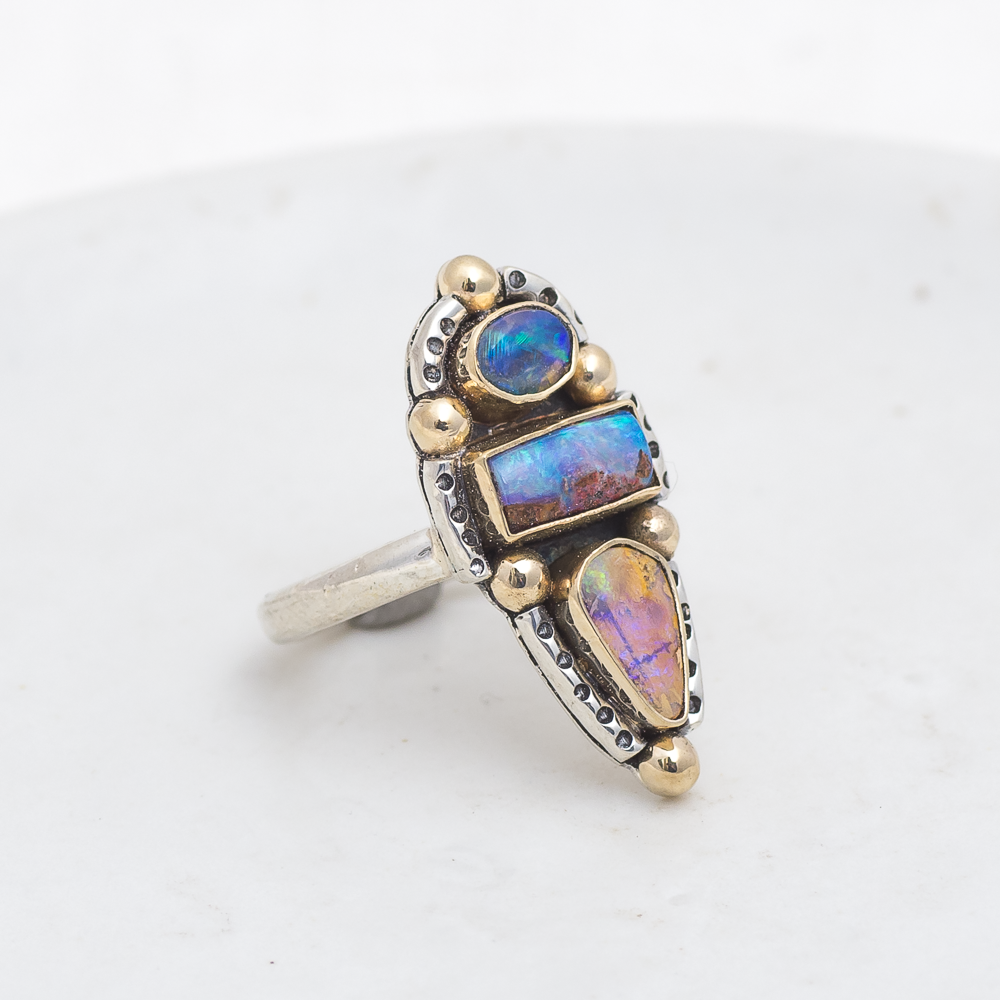 Realms Ring (D) ◇ Australian Opal ◇ Size 7 ◇ Silver + 14k Gold