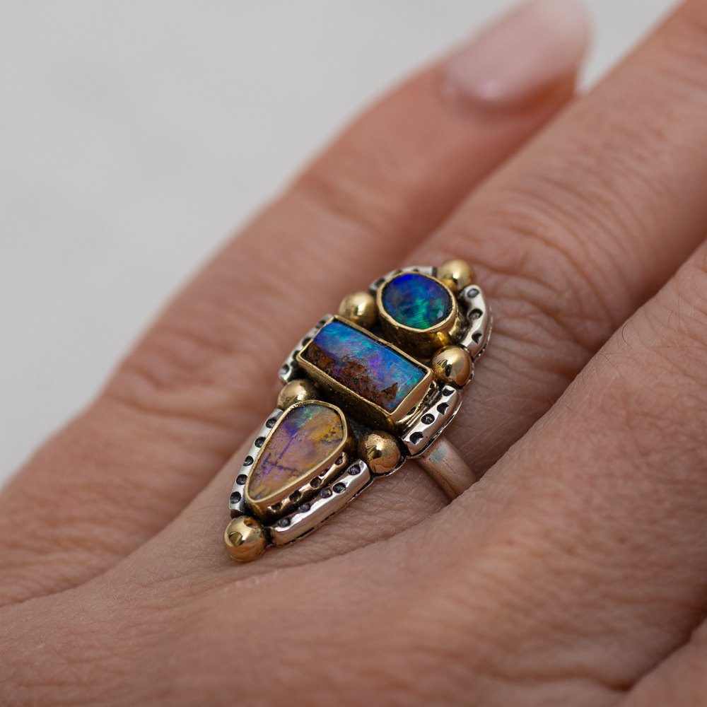 Realms Ring (D) ◇ Australian Opal ◇ Size 7 ◇ Silver + 14k Gold