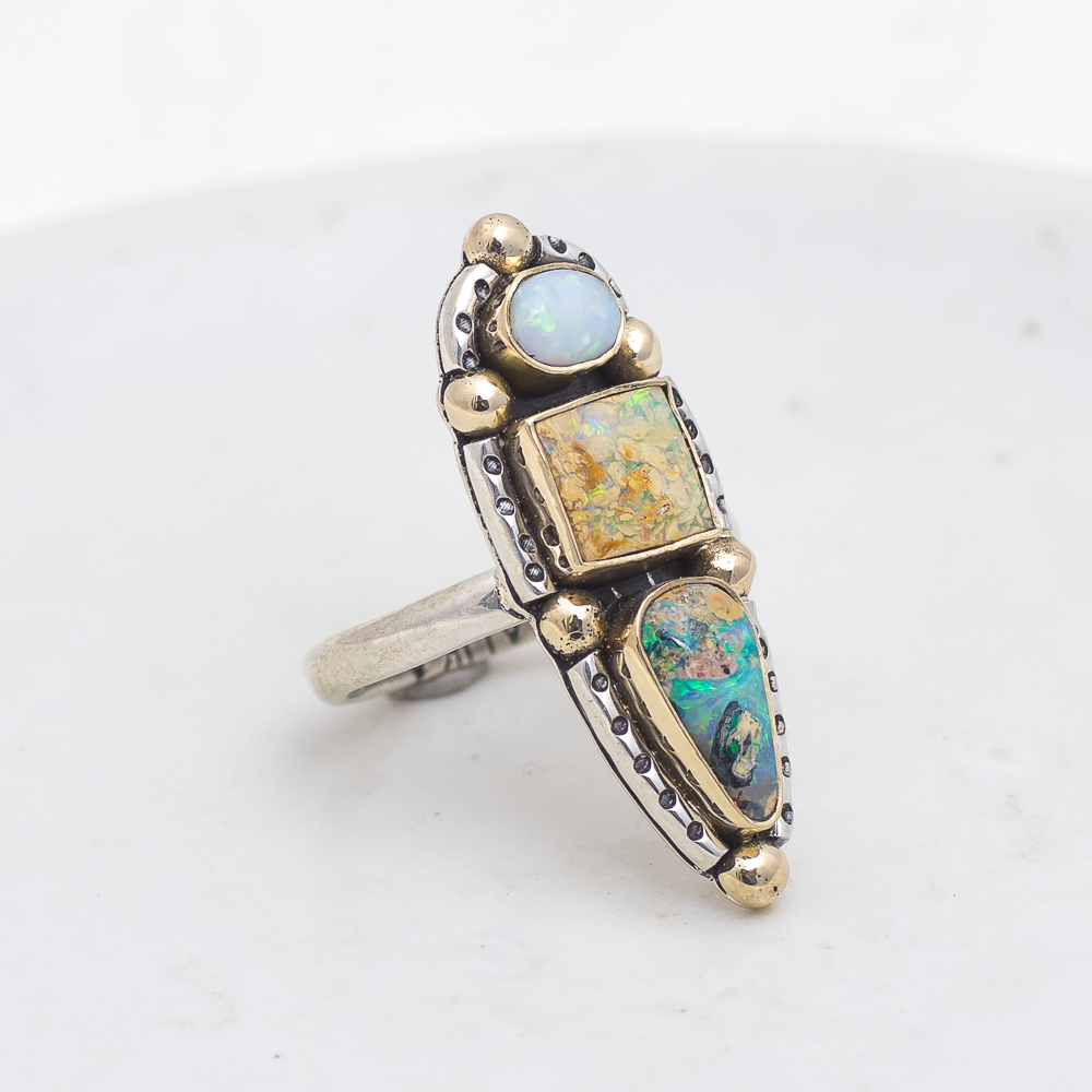 Realms Ring (E) ◇ Australian Opal ◇ Size 7 ◇ Silver + 14k Gold