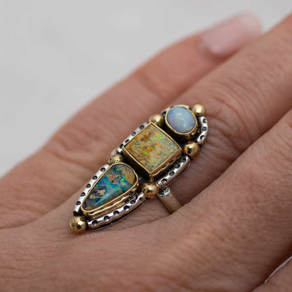 Realms Ring (E) ◇ Australian Opal ◇ Size 7 ◇ Silver + 14k Gold