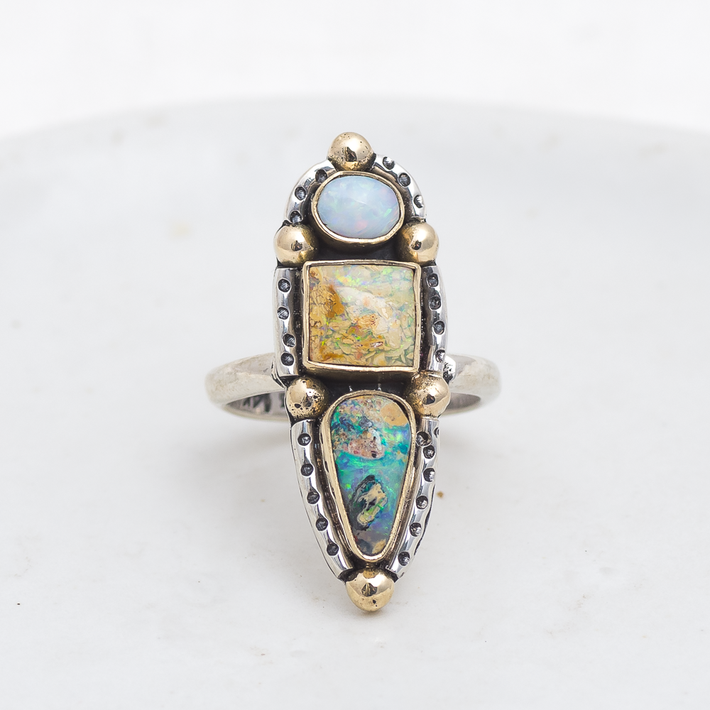 Realms Ring (E) ◇ Australian Opal ◇ Size 7 ◇ Silver + 14k Gold