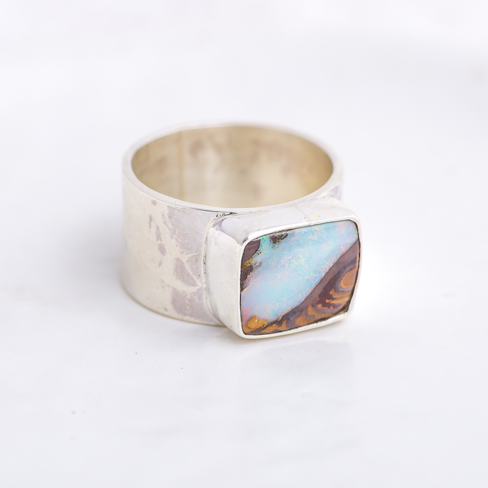 Opal Hammered Wide Band Ring ◇ Australian Opal ◇ Size 6