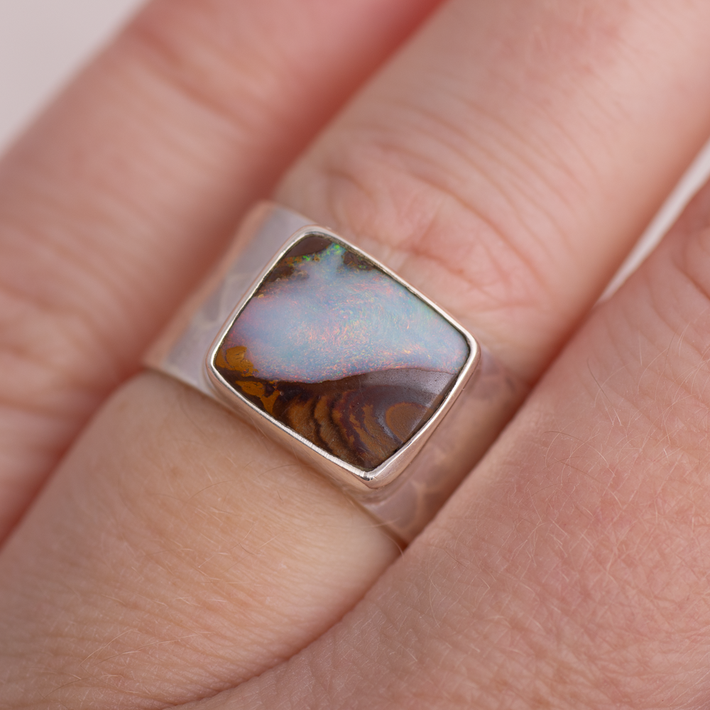 Opal Hammered Wide Band Ring ◇ Australian Opal ◇ Size 6