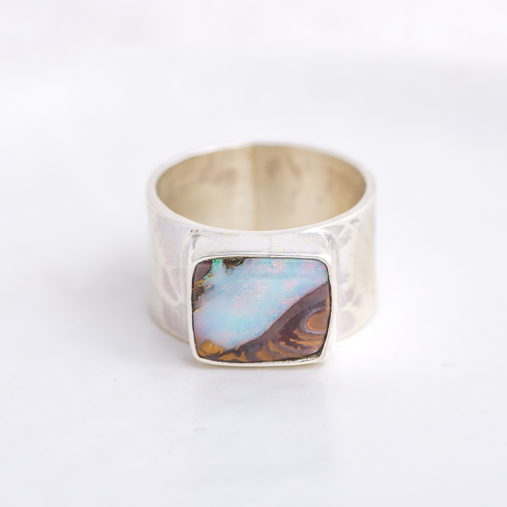 Opal Hammered Wide Band Ring ◇ Australian Opal ◇ Size 6
