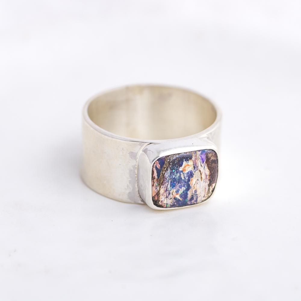 Opal Hammered Wide Band Ring ◇ Australian Opal ◇ Size 7