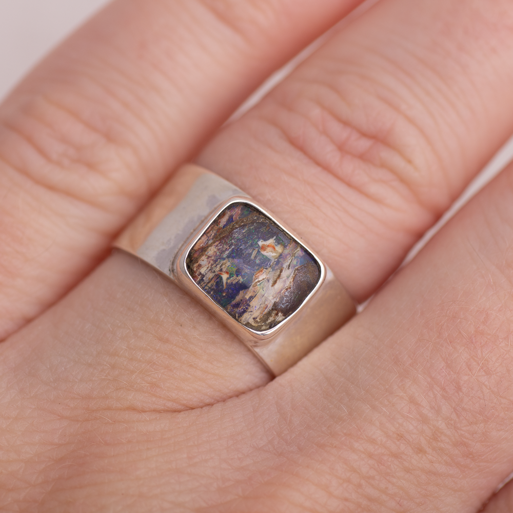 Opal Hammered Wide Band Ring ◇ Australian Opal ◇ Size 7