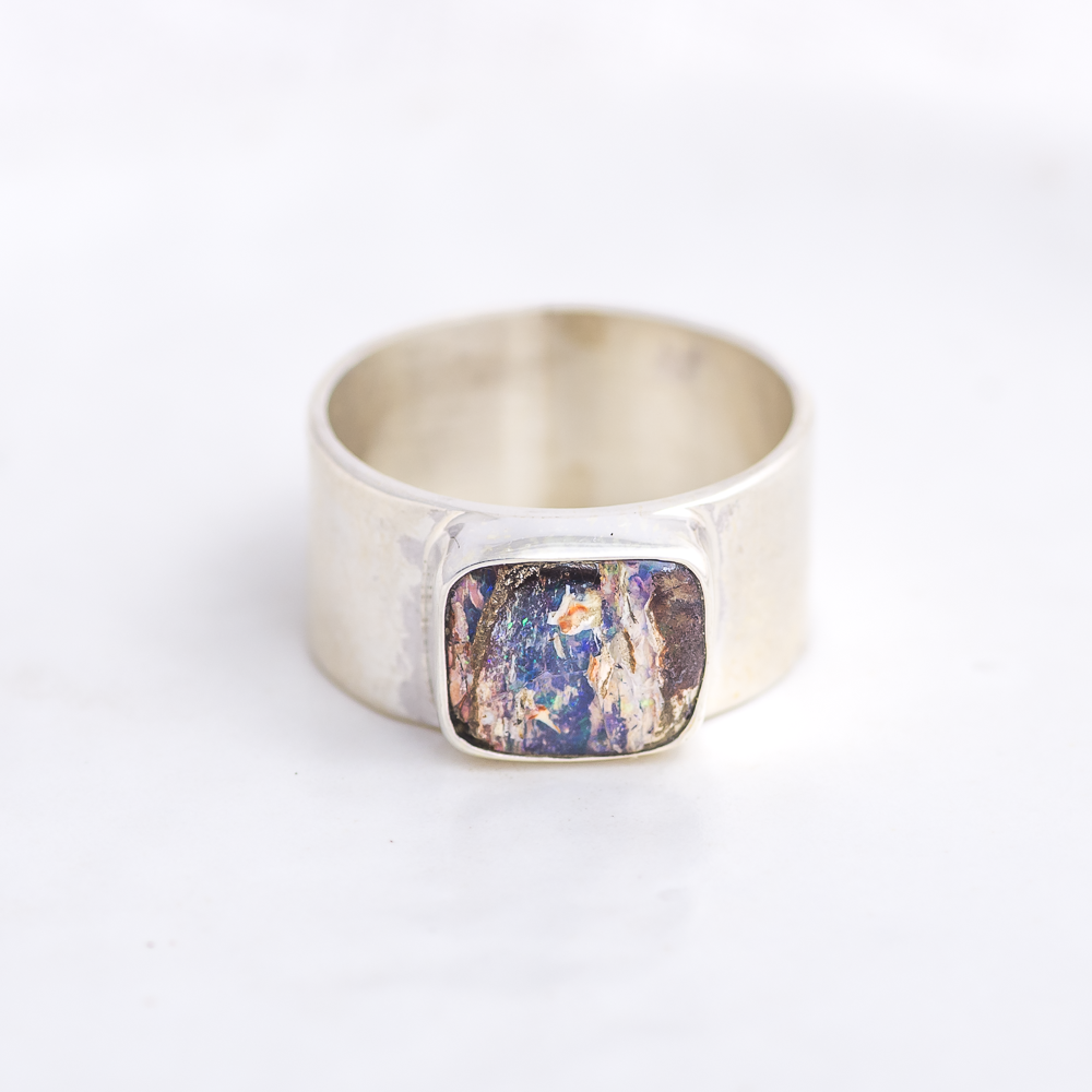 Opal Hammered Wide Band Ring ◇ Australian Opal ◇ Size 7