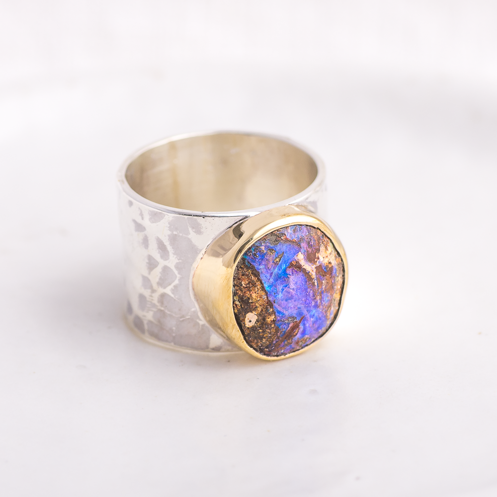 Opal Hammered Wide Band Ring ◇ Australian Opal ◇ Size 7