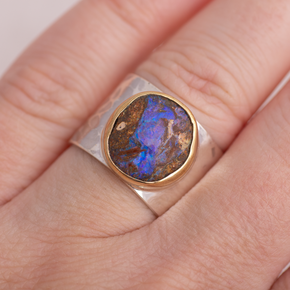 Opal Hammered Wide Band Ring ◇ Australian Opal ◇ Size 7