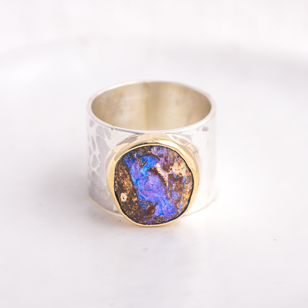 Opal Hammered Wide Band Ring ◇ Australian Opal ◇ Size 7