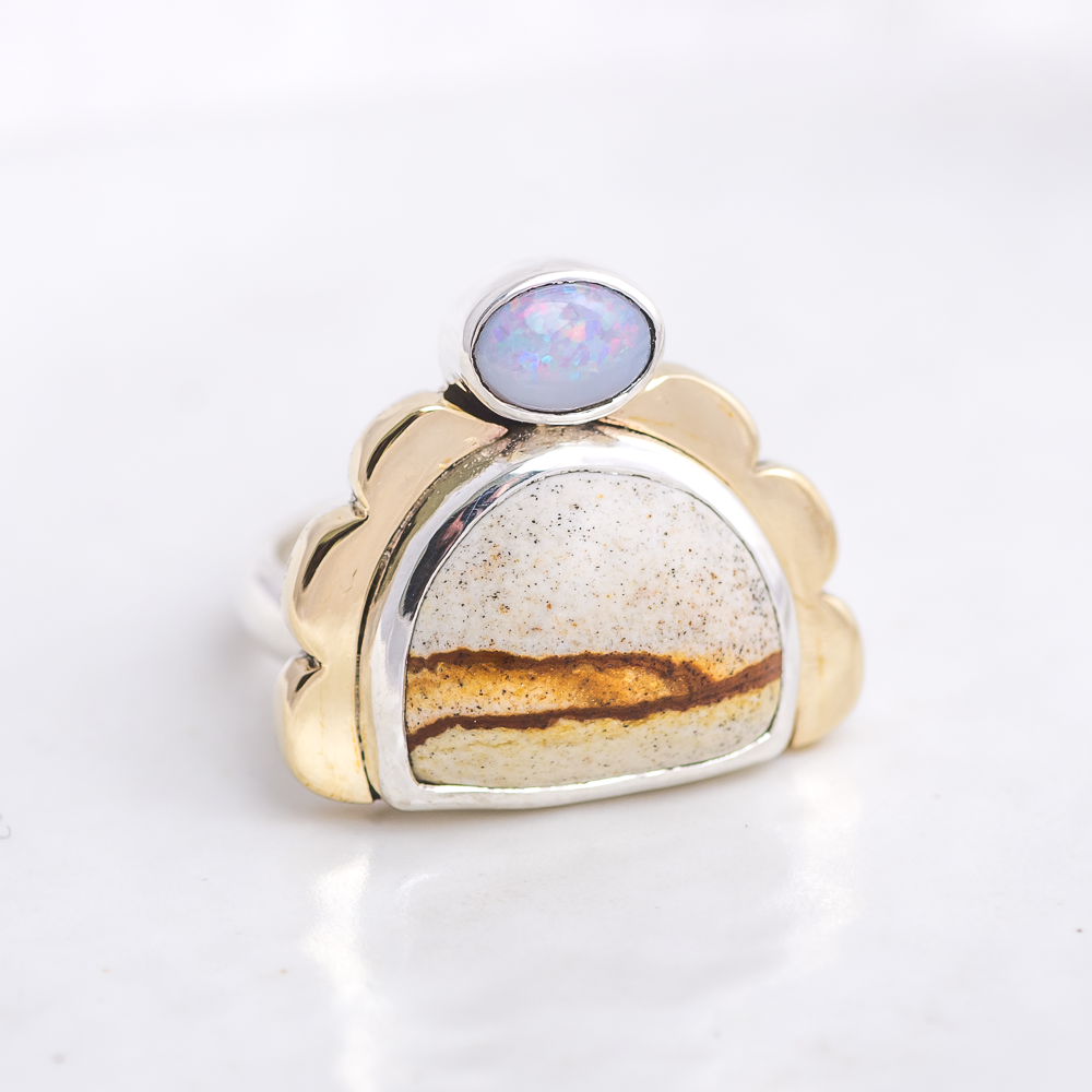 Tidal Ring ◇ Landscape Jasper + Australian Opal ◇ Size 7