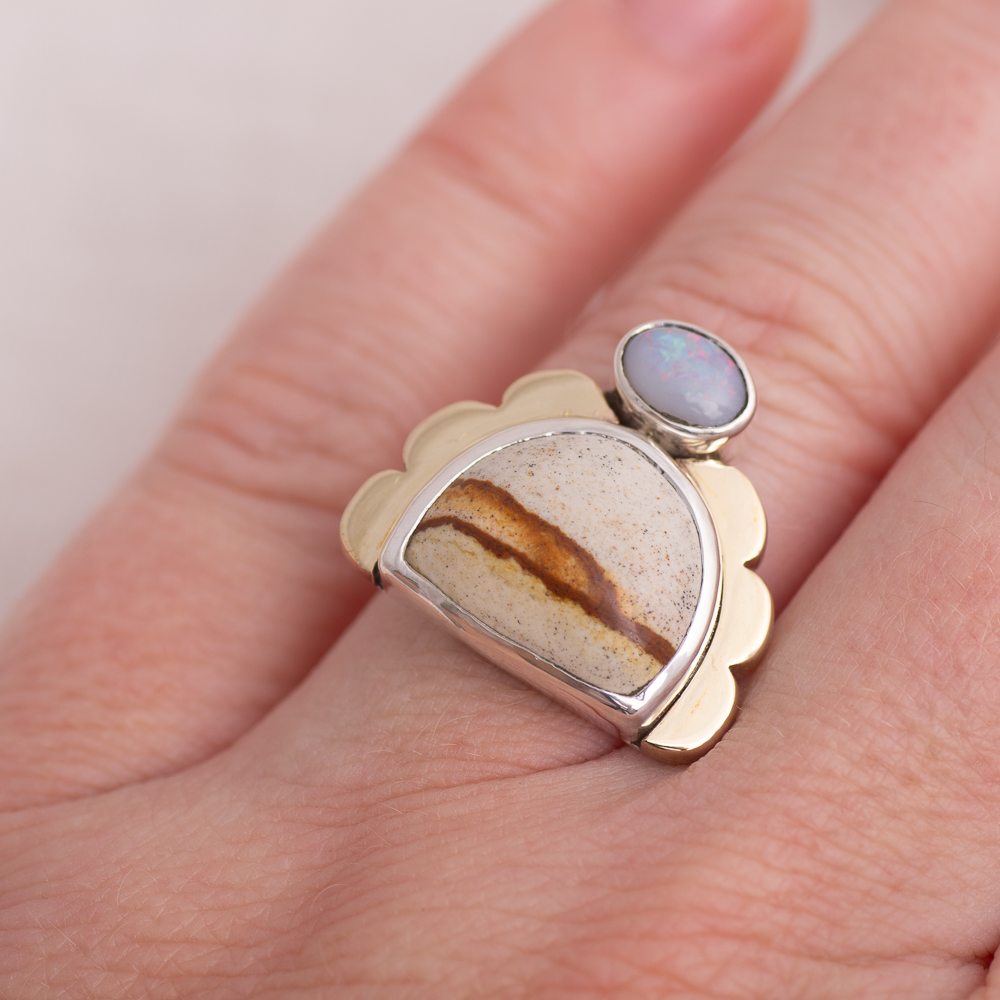 Tidal Ring ◇ Landscape Jasper + Australian Opal ◇ Size 7