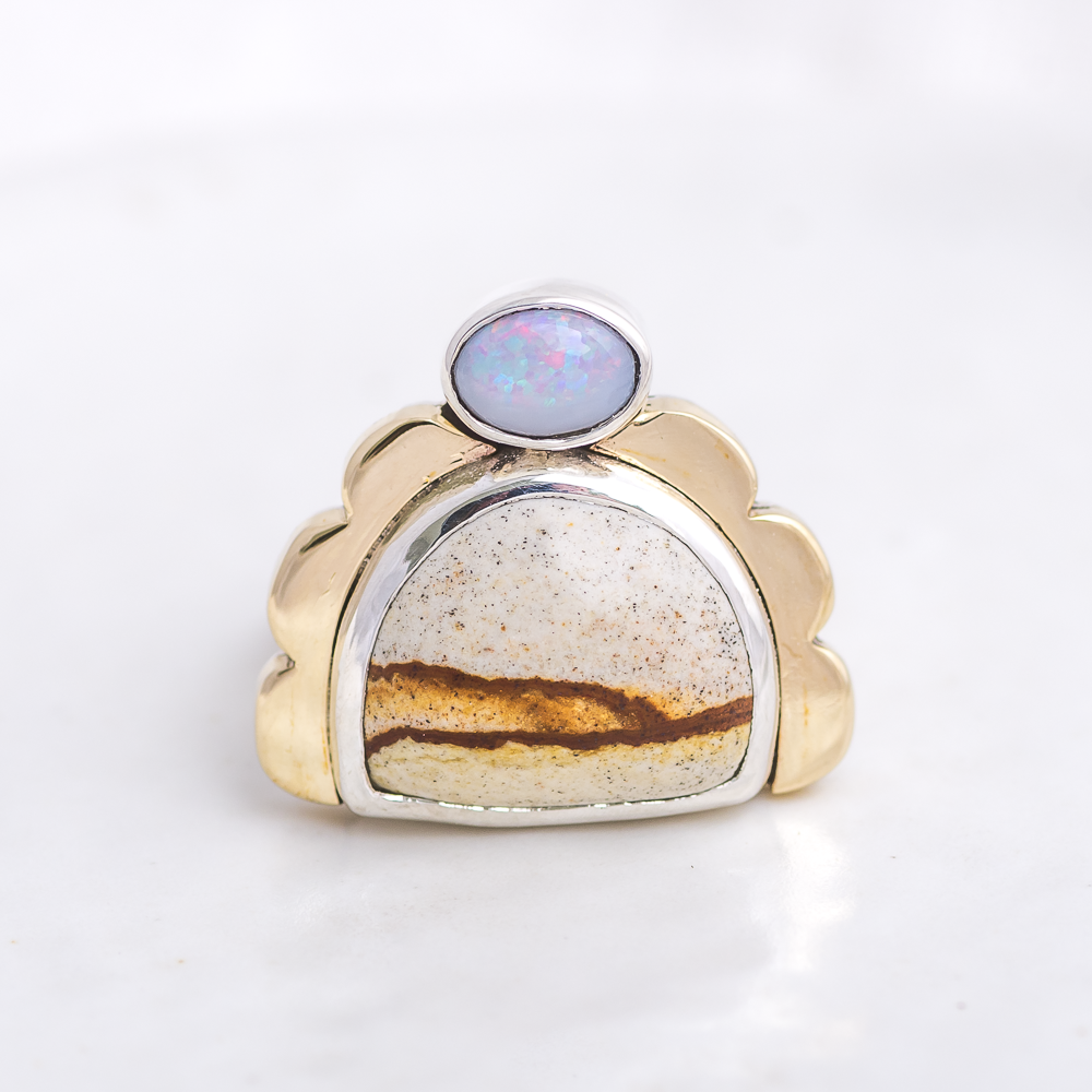 Tidal Ring ◇ Landscape Jasper + Australian Opal ◇ Size 7