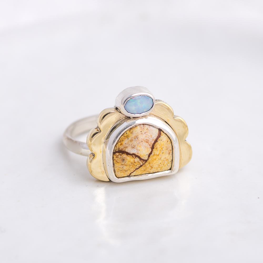 Mini Tidal Ring ◇ Landscape Jasper + Australian Opal ◇ Size 7