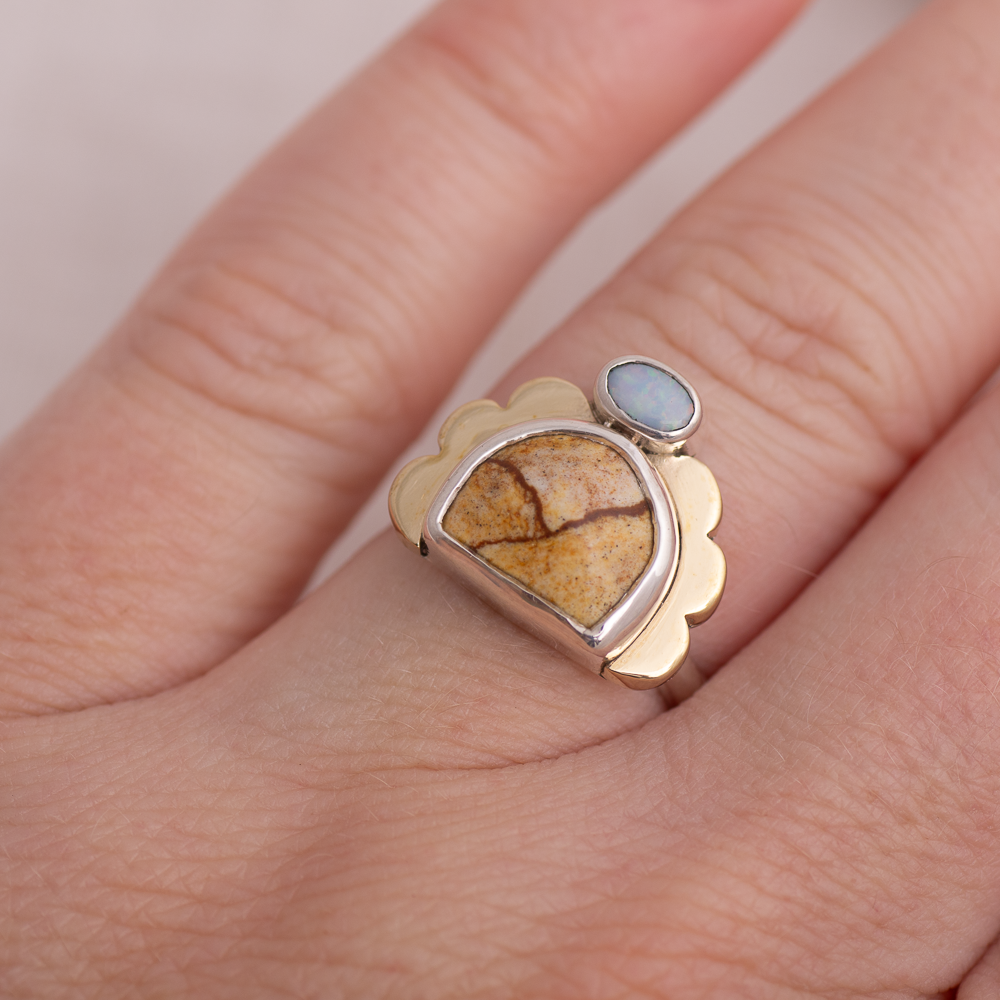 Mini Tidal Ring ◇ Landscape Jasper + Australian Opal ◇ Size 7