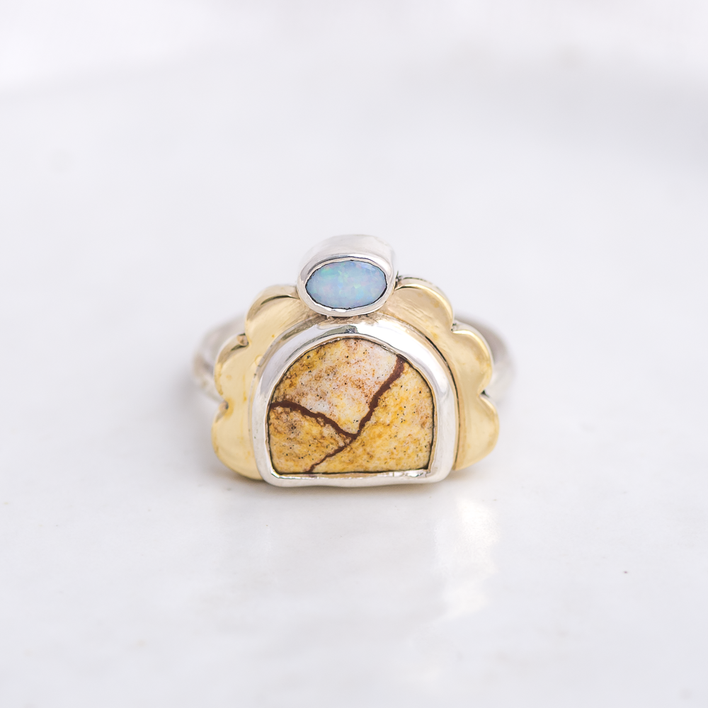 Mini Tidal Ring ◇ Landscape Jasper + Australian Opal ◇ Size 7